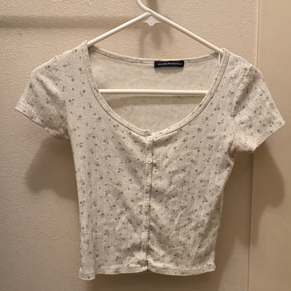 Brandy Melville Cream Blue Floral Button-Up Blouse